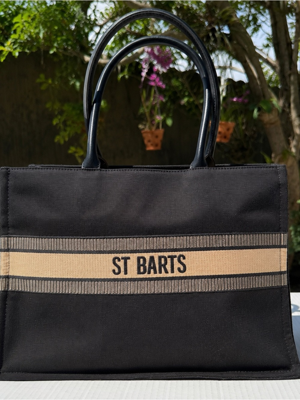 St Barts black canvas tote bag beige stripe resort beach handbag